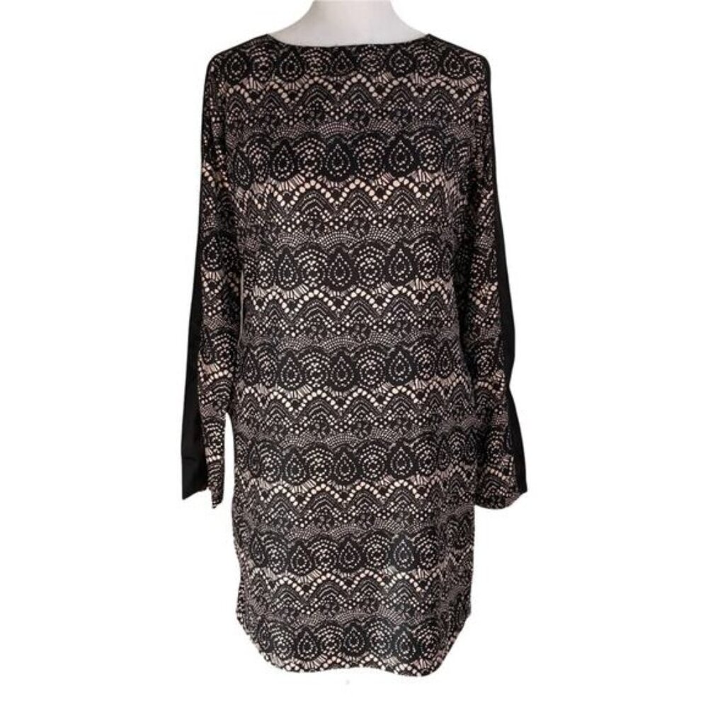 Mossimo Dress Lace Overlay Long Sleeve Black w/ beige Shift woman’s size XS